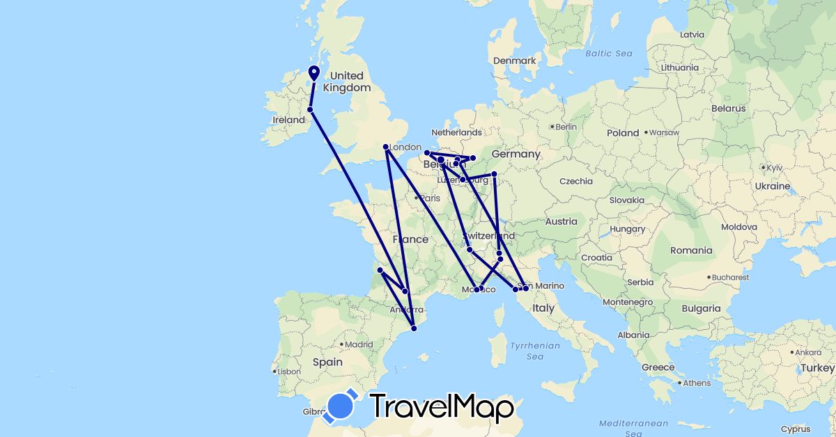 TravelMap itinerary: driving in Belgium, Germany, Spain, France, United Kingdom, Ireland, Italy, Luxembourg, Monaco, Netherlands (Europe)